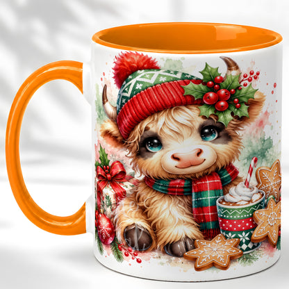 #pl[11oz|Orange] Cute Christmas Cow Coffee Mug, Cozy Highland Cow Mug, Ceramic Cup
