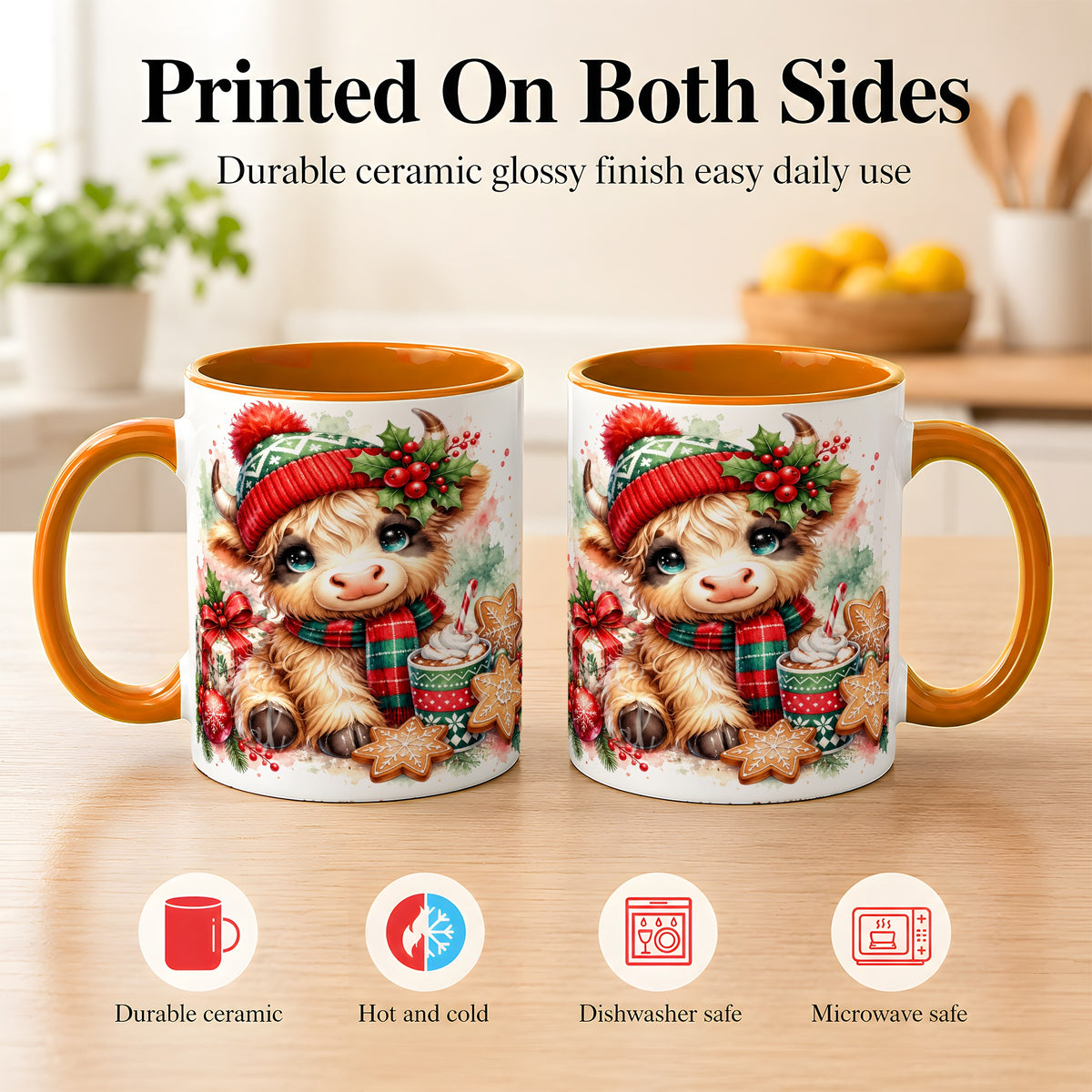 #pl[11oz|Orange] Cute Christmas Cow Coffee Mug, Cozy Highland Cow Mug, Ceramic Cup