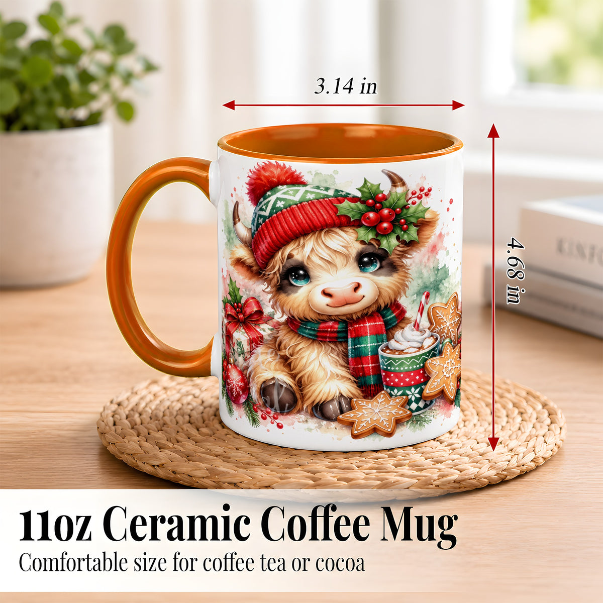 #pl[11oz|Orange] Cute Christmas Cow Coffee Mug, Cozy Highland Cow Mug, Ceramic Cup