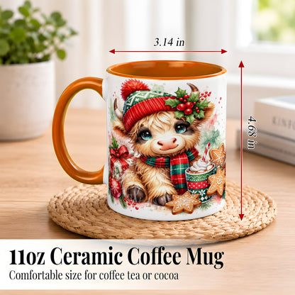 #pl[11oz|Orange] Cute Christmas Cow Coffee Mug, Cozy Highland Cow Mug, Ceramic Cup