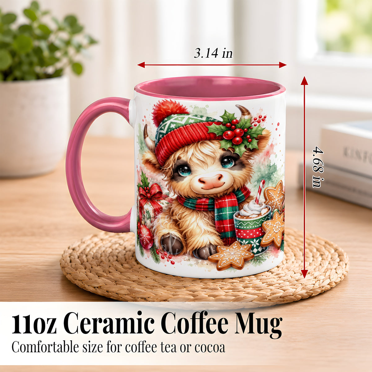 #pl[11oz|Pink] Cute Christmas Cow Coffee Mug, Cozy Highland Cow Mug, Ceramic Cup