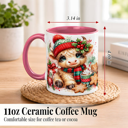 #pl[11oz|Pink] Cute Christmas Cow Coffee Mug, Cozy Highland Cow Mug, Ceramic Cup