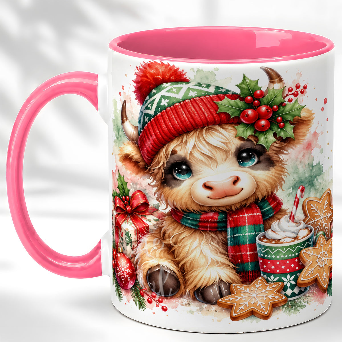 #pl[11oz|Pink] Cute Christmas Cow Coffee Mug, Cozy Highland Cow Mug, Ceramic Cup