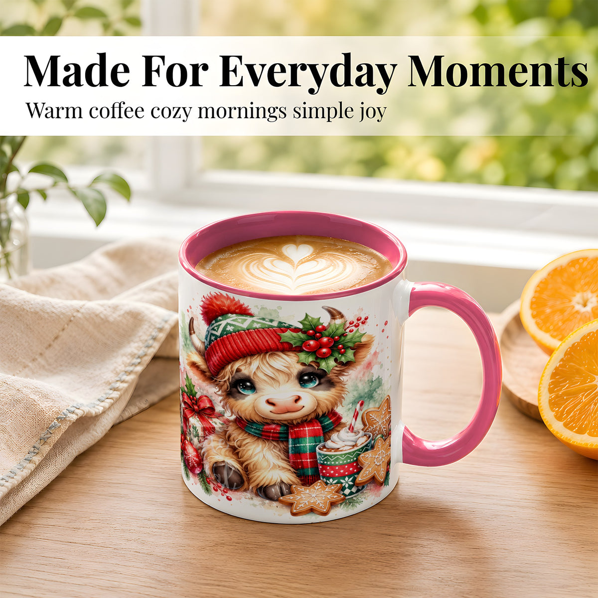 #pl[11oz|Pink] Cute Christmas Cow Coffee Mug, Cozy Highland Cow Mug, Ceramic Cup
