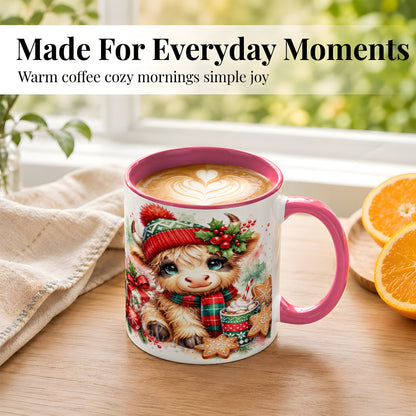 #pl[11oz|Pink] Cute Christmas Cow Coffee Mug, Cozy Highland Cow Mug, Ceramic Cup