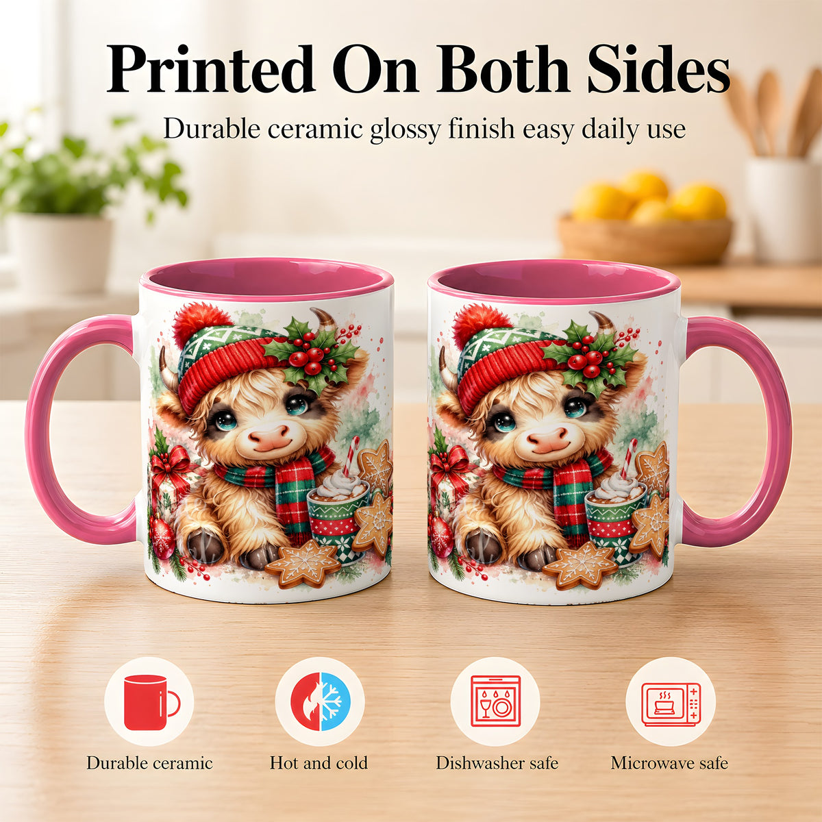 #pl[11oz|Pink] Cute Christmas Cow Coffee Mug, Cozy Highland Cow Mug, Ceramic Cup