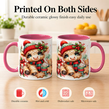 #pl[11oz|Pink] Cute Christmas Cow Coffee Mug, Cozy Highland Cow Mug, Ceramic Cup