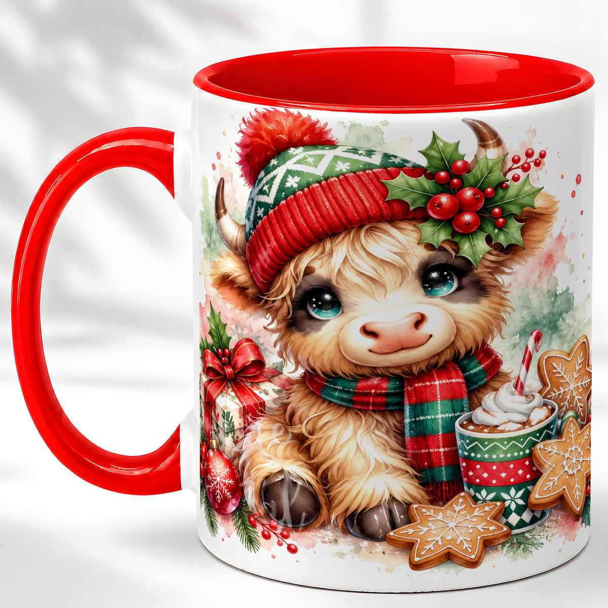 #pl[11oz|Red] Cute Christmas Cow Coffee Mug, Cozy Highland Cow Mug, Ceramic Cup