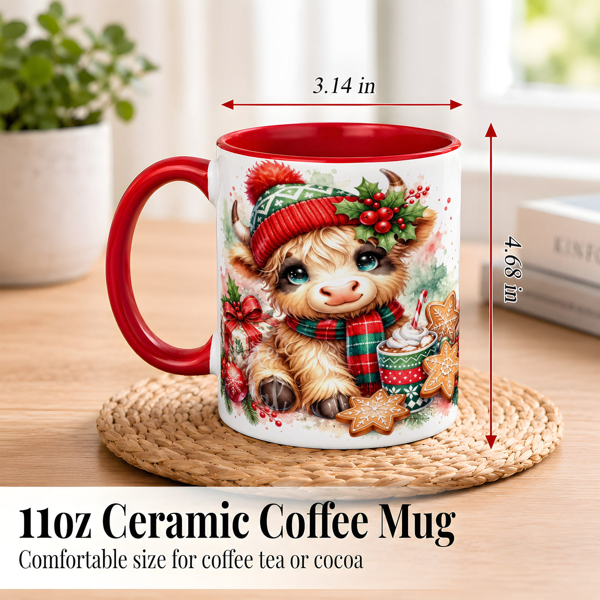 #pl[11oz|Red] Cute Christmas Cow Coffee Mug, Cozy Highland Cow Mug, Ceramic Cup