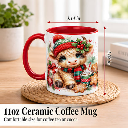 #pl[11oz|Red] Cute Christmas Cow Coffee Mug, Cozy Highland Cow Mug, Ceramic Cup