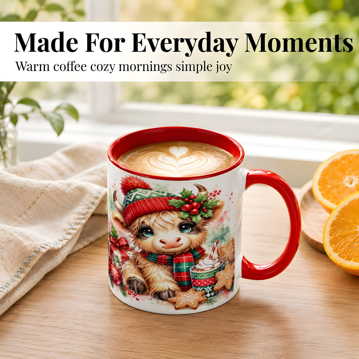 #pl[11oz|Red] Cute Christmas Cow Coffee Mug, Cozy Highland Cow Mug, Ceramic Cup