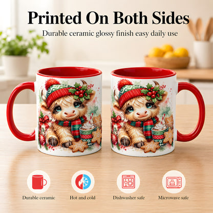#pl[11oz|Red] Cute Christmas Cow Coffee Mug, Cozy Highland Cow Mug, Ceramic Cup