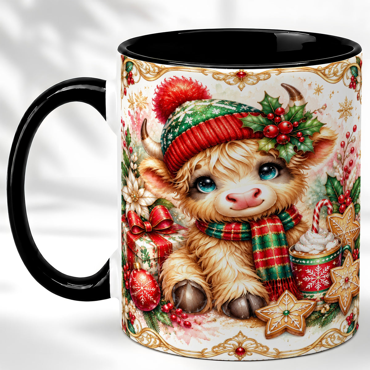 #pl[11oz|Black] Ornate Christmas Cow Coffee Mug, Festive Highland Cow Mug, Ceramic Cup