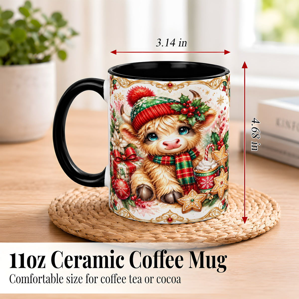 #pl[11oz|Black] Ornate Christmas Cow Coffee Mug, Festive Highland Cow Mug, Ceramic Cup