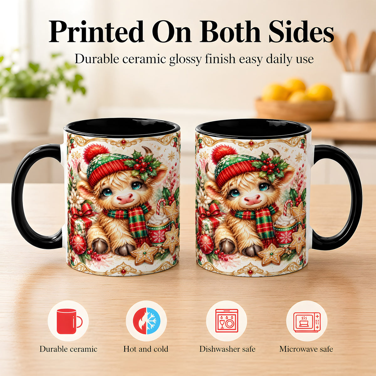 #pl[11oz|Black] Ornate Christmas Cow Coffee Mug, Festive Highland Cow Mug, Ceramic Cup