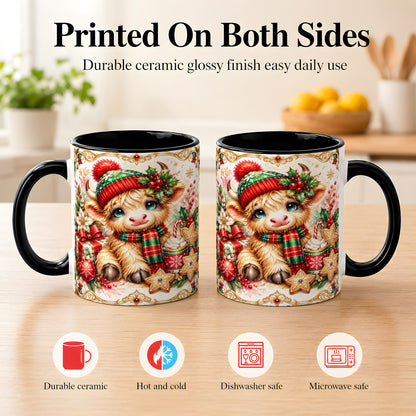 #pl[11oz|Black] Ornate Christmas Cow Coffee Mug, Festive Highland Cow Mug, Ceramic Cup