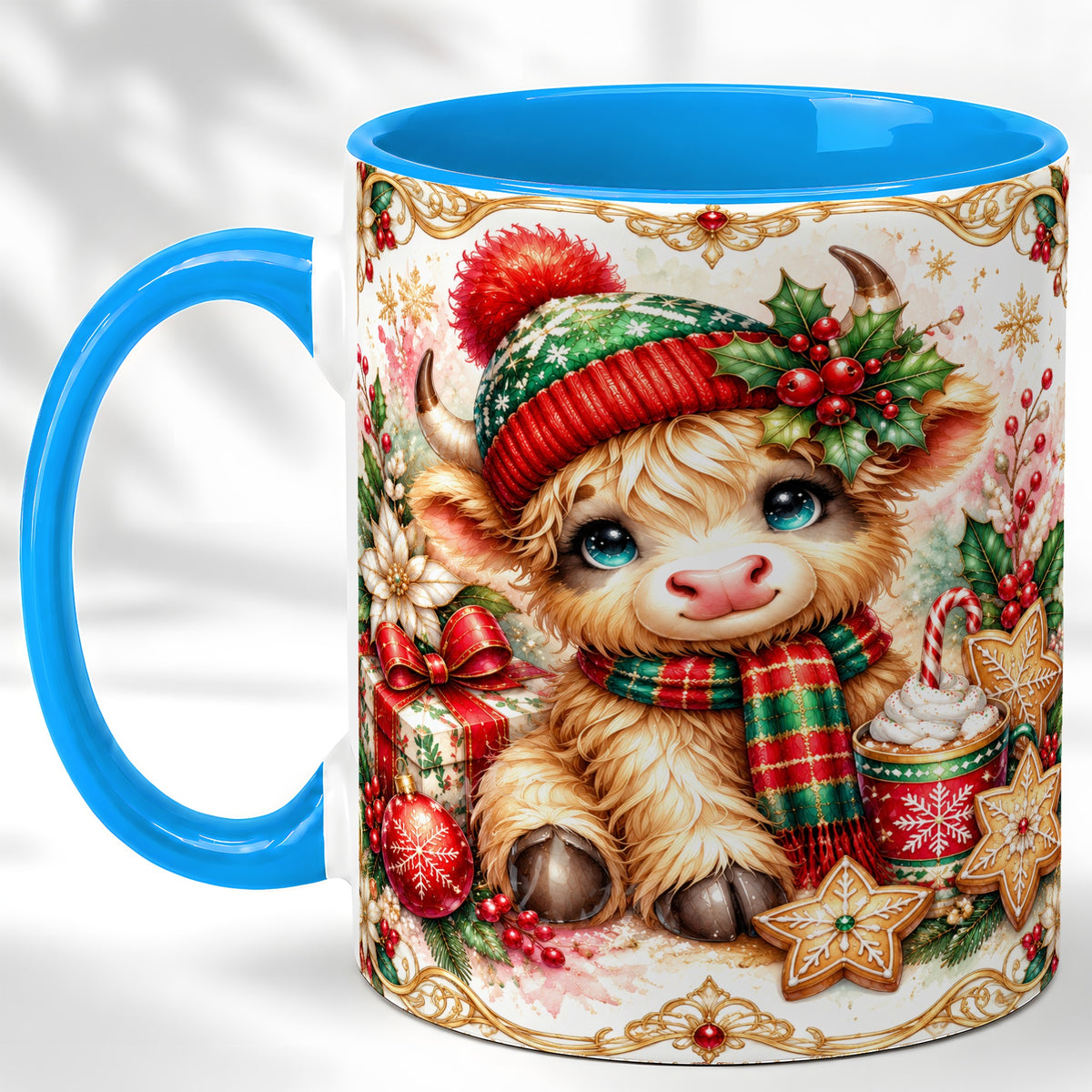 #pl[11oz|Blue] Ornate Christmas Cow Coffee Mug, Festive Highland Cow Mug, Ceramic Cup