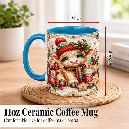 #pl[11oz|Blue] Ornate Christmas Cow Coffee Mug, Festive Highland Cow Mug, Ceramic Cup
