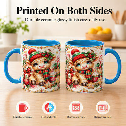 #pl[11oz|Blue] Ornate Christmas Cow Coffee Mug, Festive Highland Cow Mug, Ceramic Cup
