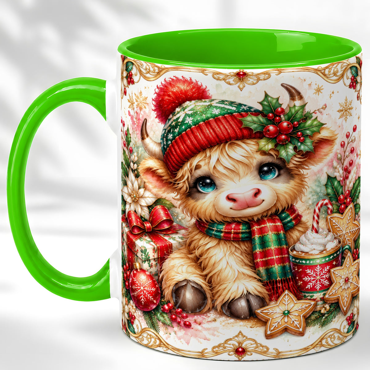 #pl[11oz|Green] Ornate Christmas Cow Coffee Mug, Festive Highland Cow Mug, Ceramic Cup