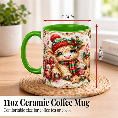 #pl[11oz|Green] Ornate Christmas Cow Coffee Mug, Festive Highland Cow Mug, Ceramic Cup