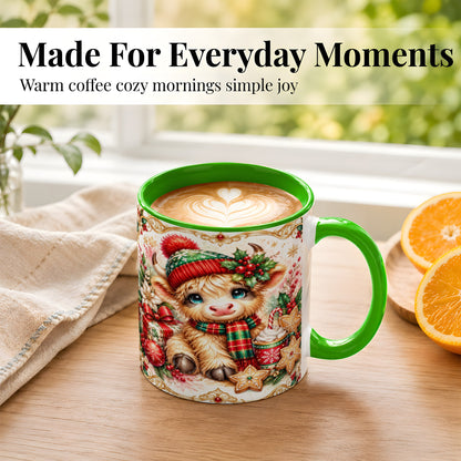 #pl[11oz|Green] Ornate Christmas Cow Coffee Mug, Festive Highland Cow Mug, Ceramic Cup