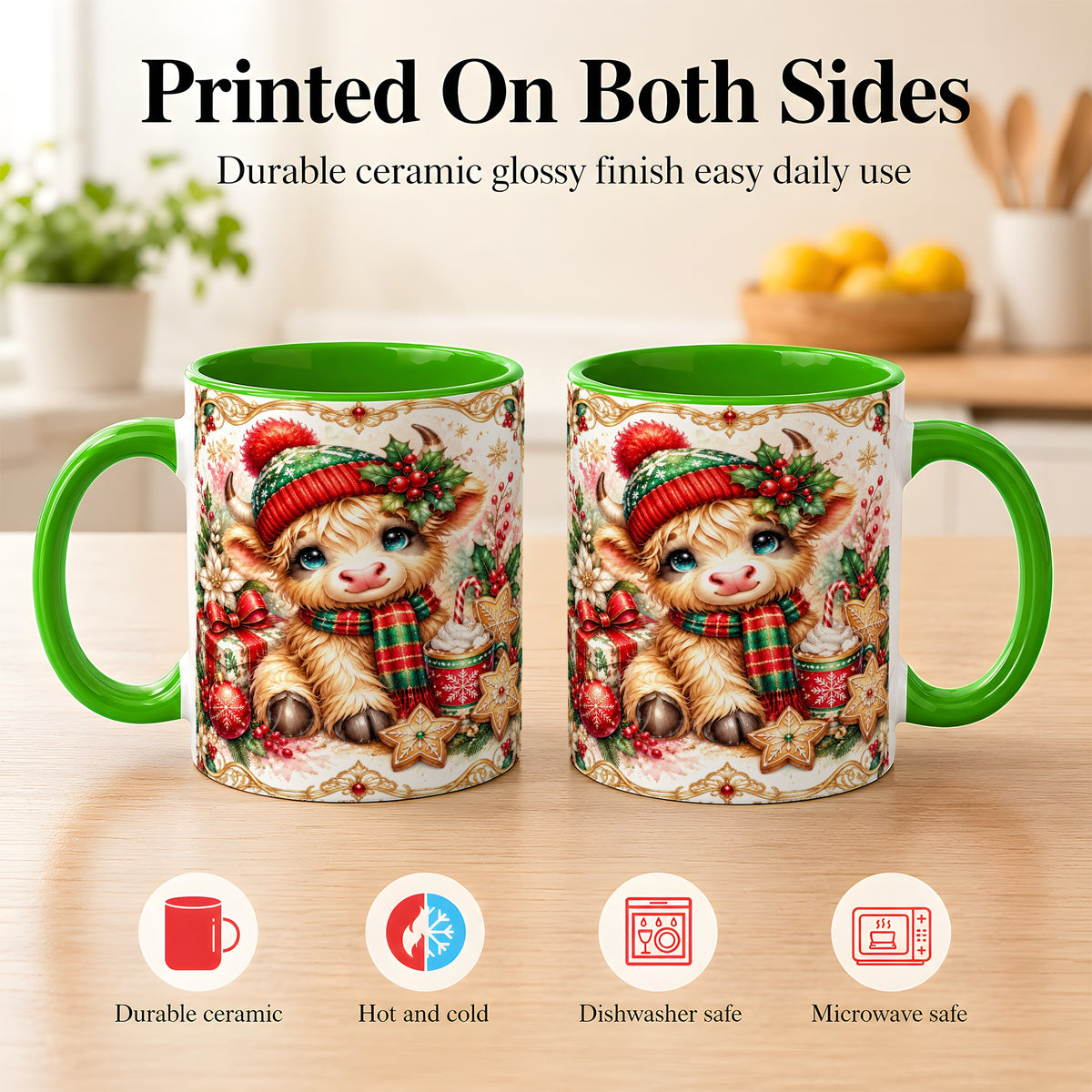 #pl[11oz|Green] Ornate Christmas Cow Coffee Mug, Festive Highland Cow Mug, Ceramic Cup