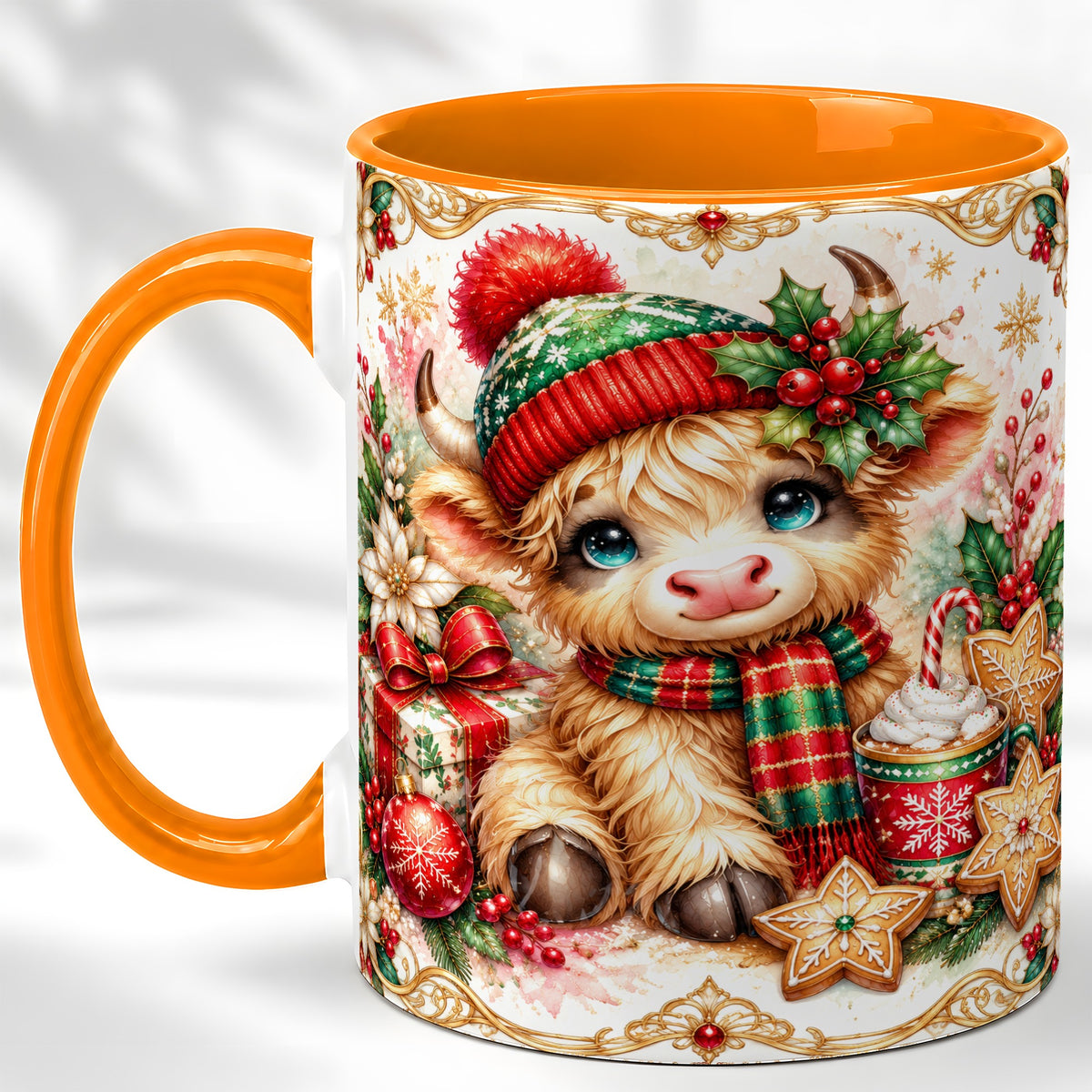 #pl[11oz|Orange] Ornate Christmas Cow Coffee Mug, Festive Highland Cow Mug, Ceramic Cup
