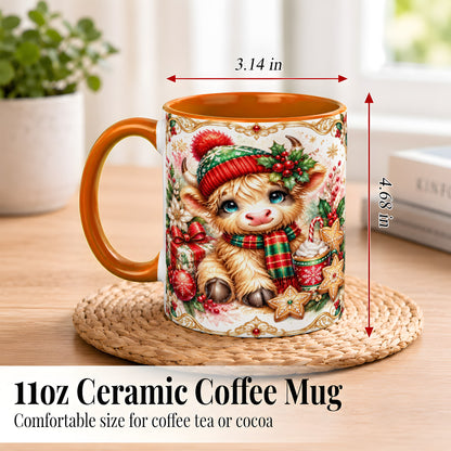 #pl[11oz|Orange] Ornate Christmas Cow Coffee Mug, Festive Highland Cow Mug, Ceramic Cup