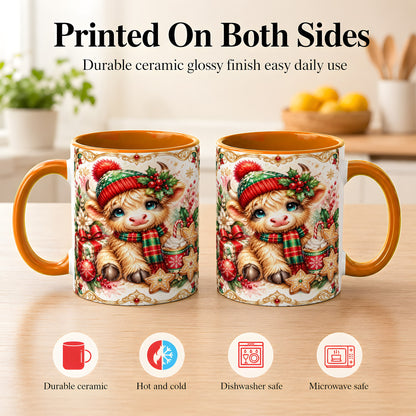 #pl[11oz|Orange] Ornate Christmas Cow Coffee Mug, Festive Highland Cow Mug, Ceramic Cup