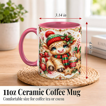 #pl[11oz|Pink] Ornate Christmas Cow Coffee Mug, Festive Highland Cow Mug, Ceramic Cup