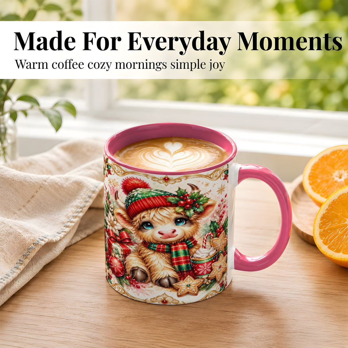 #pl[11oz|Pink] Ornate Christmas Cow Coffee Mug, Festive Highland Cow Mug, Ceramic Cup