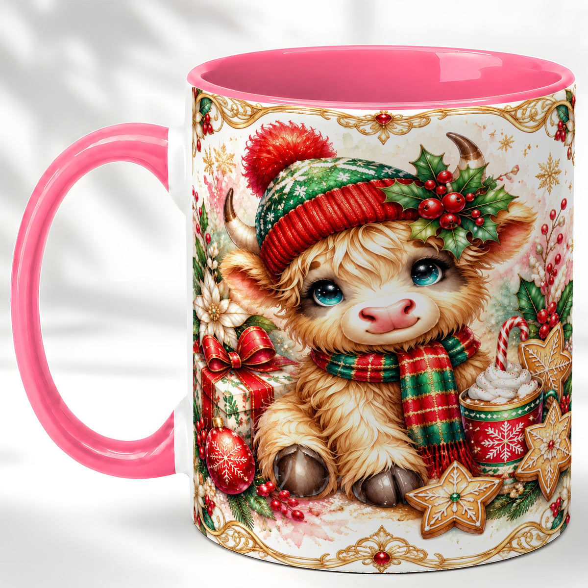 #pl[11oz|Pink] Ornate Christmas Cow Coffee Mug, Festive Highland Cow Mug, Ceramic Cup