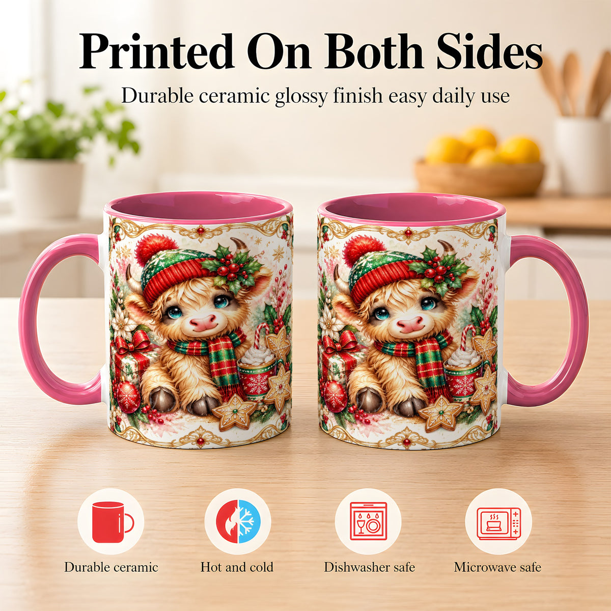 #pl[11oz|Pink] Ornate Christmas Cow Coffee Mug, Festive Highland Cow Mug, Ceramic Cup