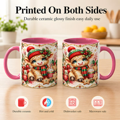 #pl[11oz|Pink] Ornate Christmas Cow Coffee Mug, Festive Highland Cow Mug, Ceramic Cup
