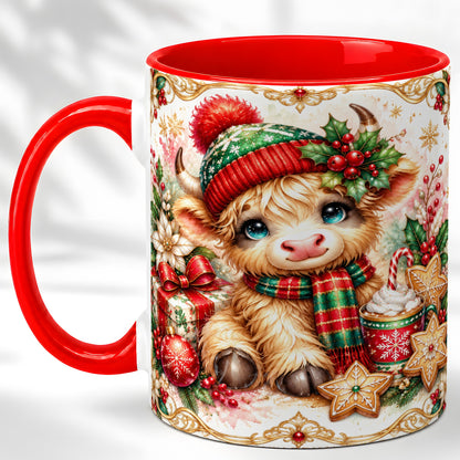 #pl[11oz|Red] Ornate Christmas Cow Coffee Mug, Festive Highland Cow Mug, Ceramic Cup