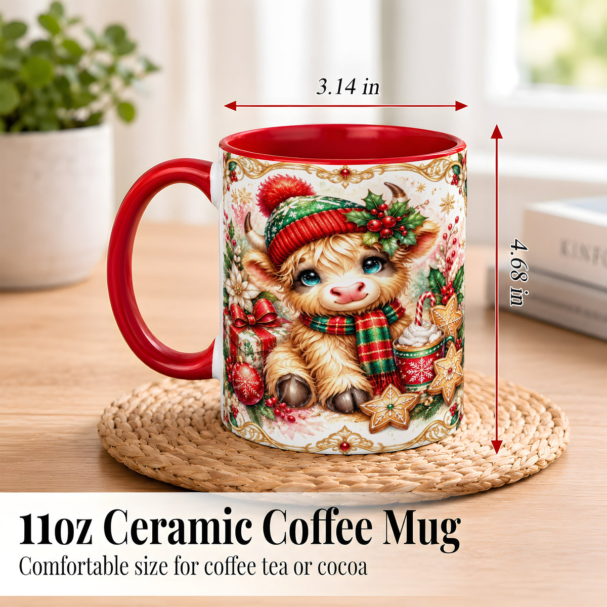 #pl[11oz|Red] Ornate Christmas Cow Coffee Mug, Festive Highland Cow Mug, Ceramic Cup