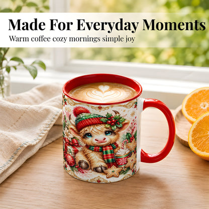 #pl[11oz|Red] Ornate Christmas Cow Coffee Mug, Festive Highland Cow Mug, Ceramic Cup