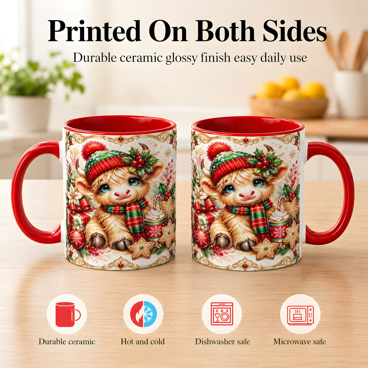 #pl[11oz|Red] Ornate Christmas Cow Coffee Mug, Festive Highland Cow Mug, Ceramic Cup