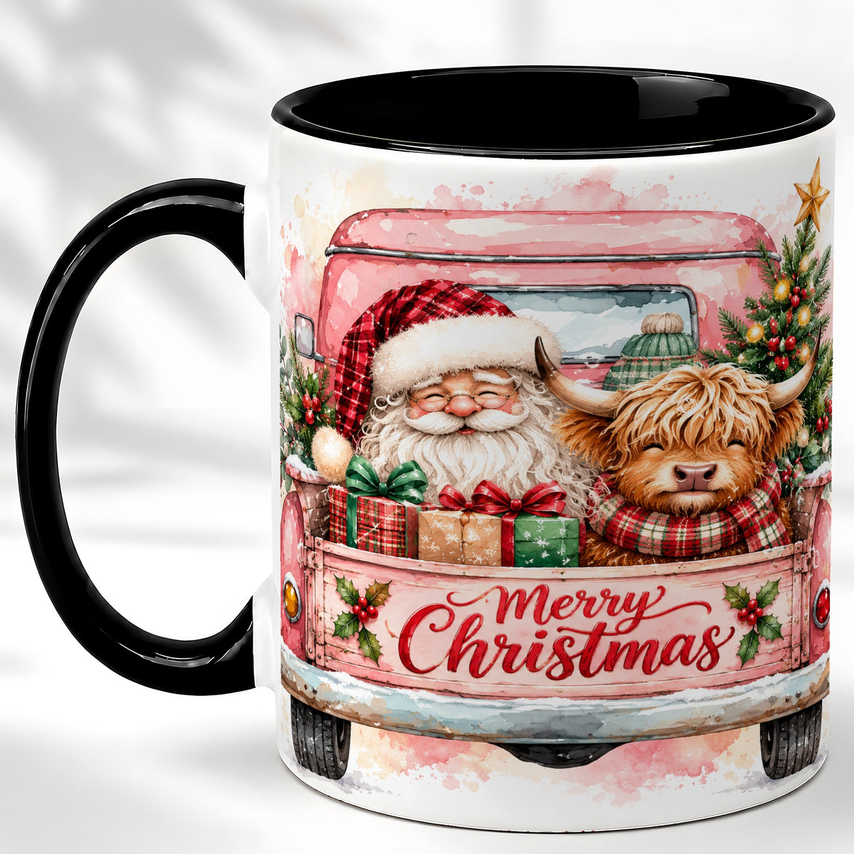 #pl[11oz|Black] Christmas Cow Truck Coffee Mug, Santa Holiday Mug, Ceramic Cup