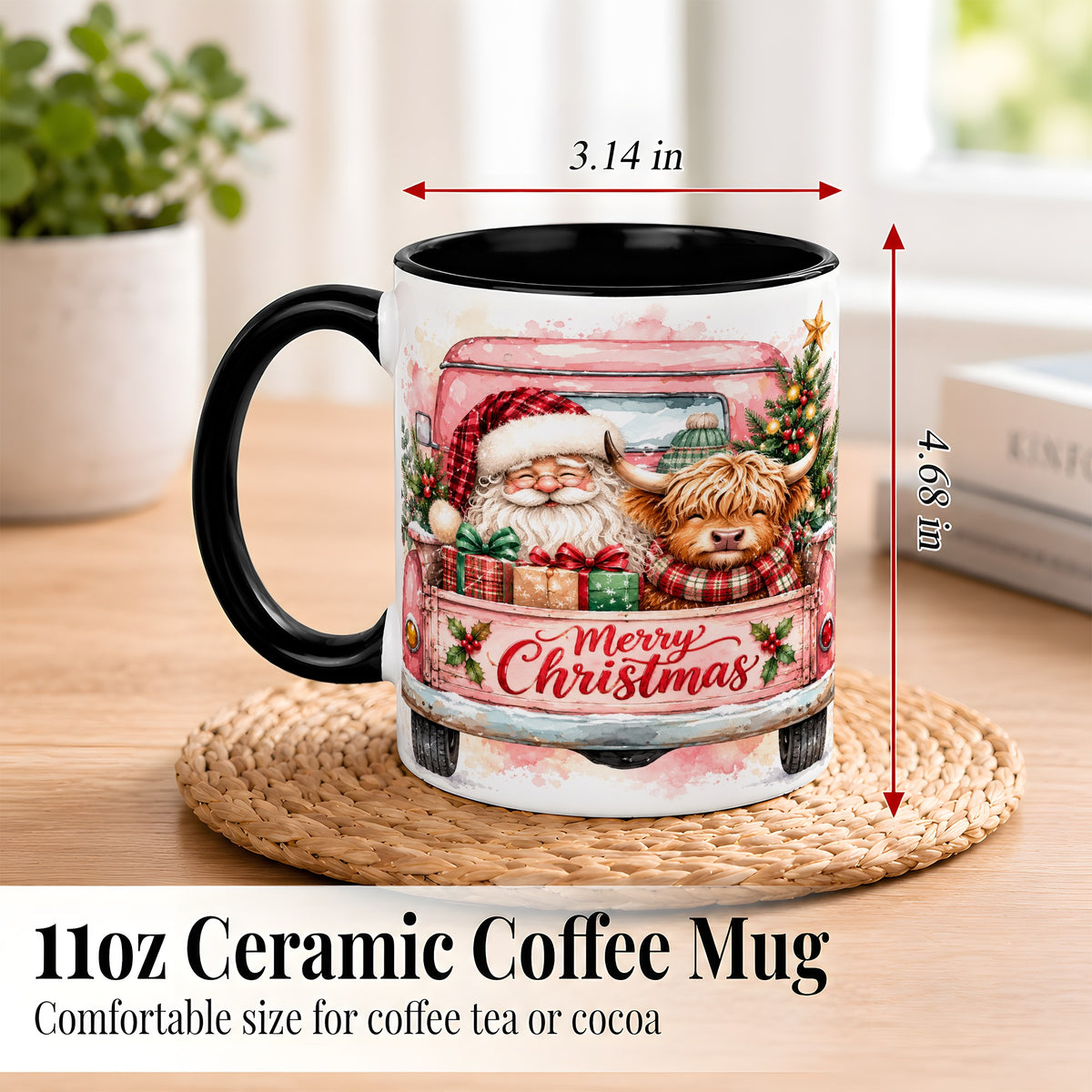 #pl[11oz|Black] Christmas Cow Truck Coffee Mug, Santa Holiday Mug, Ceramic Cup