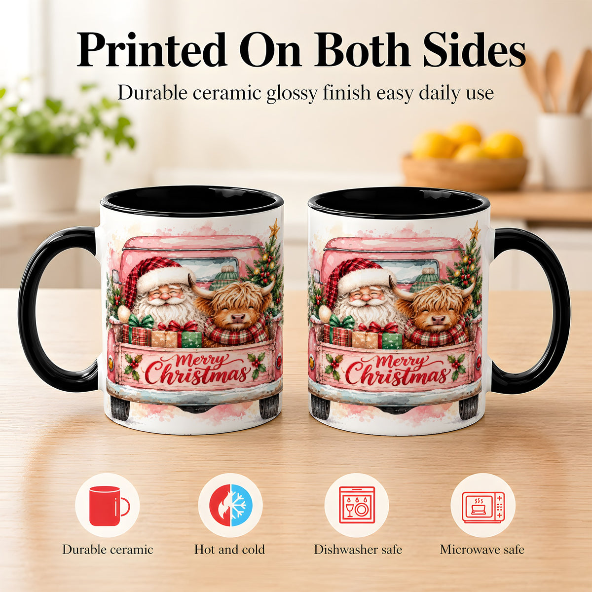 #pl[11oz|Black] Christmas Cow Truck Coffee Mug, Santa Holiday Mug, Ceramic Cup