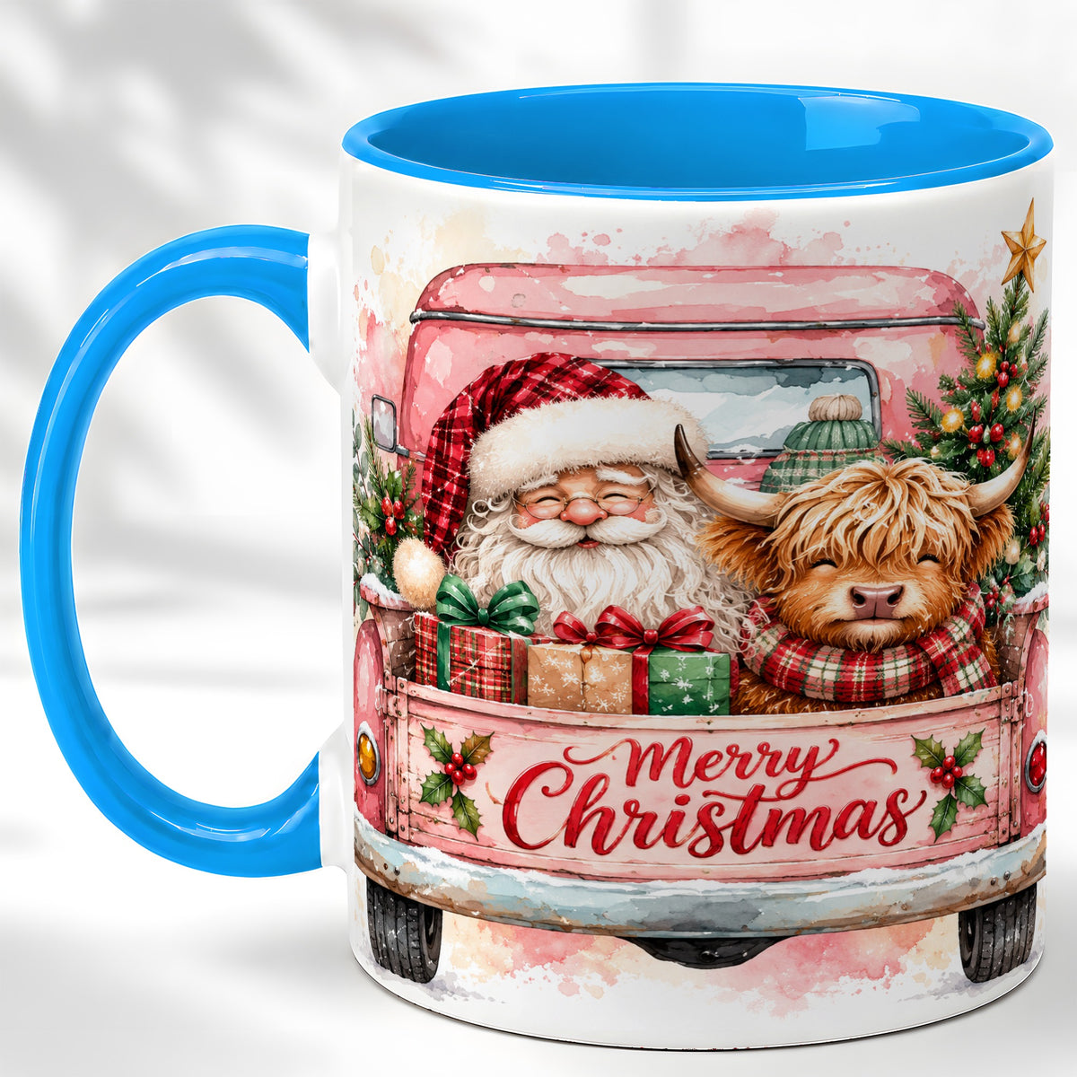 #pl[11oz|Blue] Christmas Cow Truck Coffee Mug, Santa Holiday Mug, Ceramic Cup