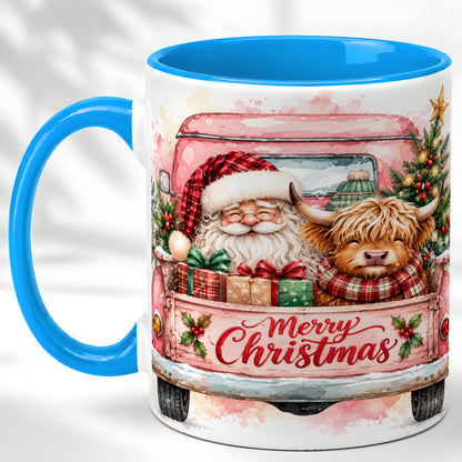 #pl[11oz|Blue] Christmas Cow Truck Coffee Mug, Santa Holiday Mug, Ceramic Cup