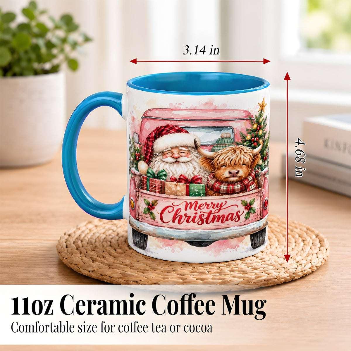 #pl[11oz|Blue] Christmas Cow Truck Coffee Mug, Santa Holiday Mug, Ceramic Cup