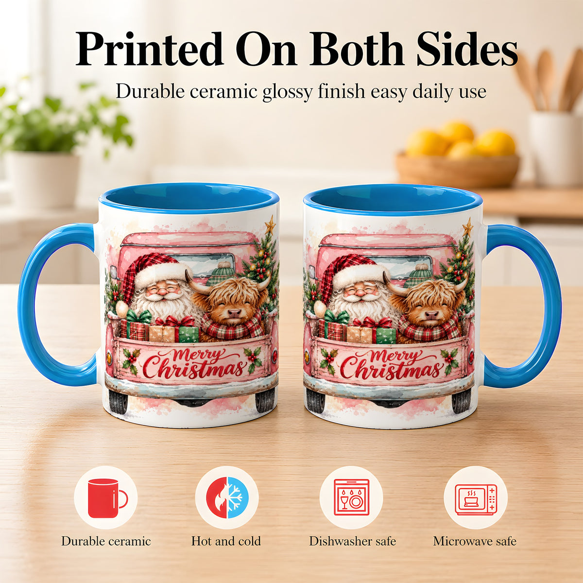 #pl[11oz|Blue] Christmas Cow Truck Coffee Mug, Santa Holiday Mug, Ceramic Cup
