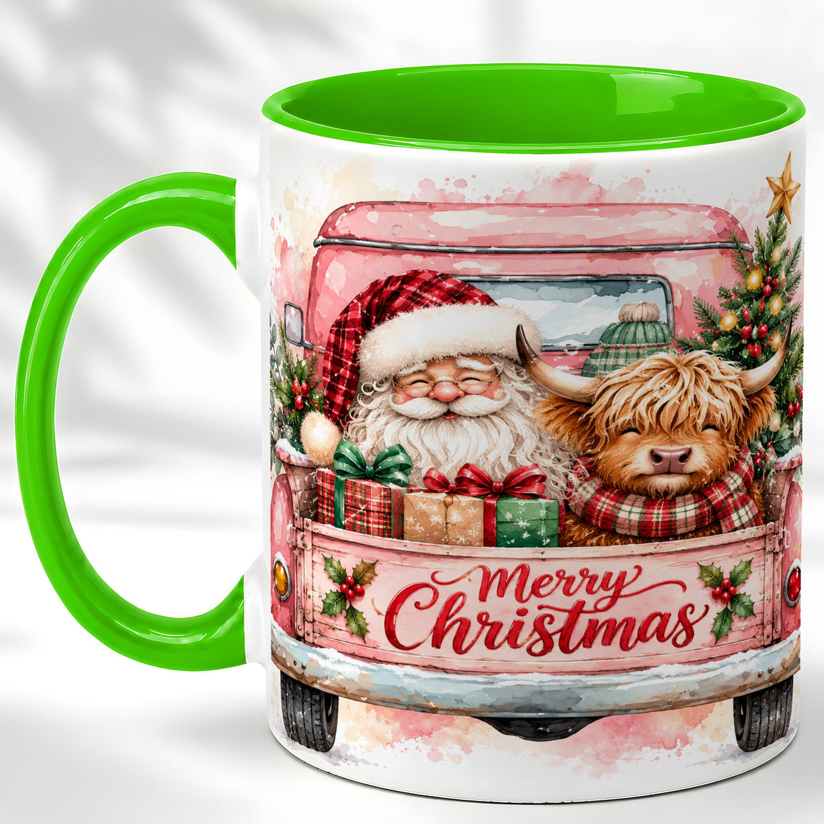 #pl[11oz|Green] Christmas Cow Truck Coffee Mug, Santa Holiday Mug, Ceramic Cup