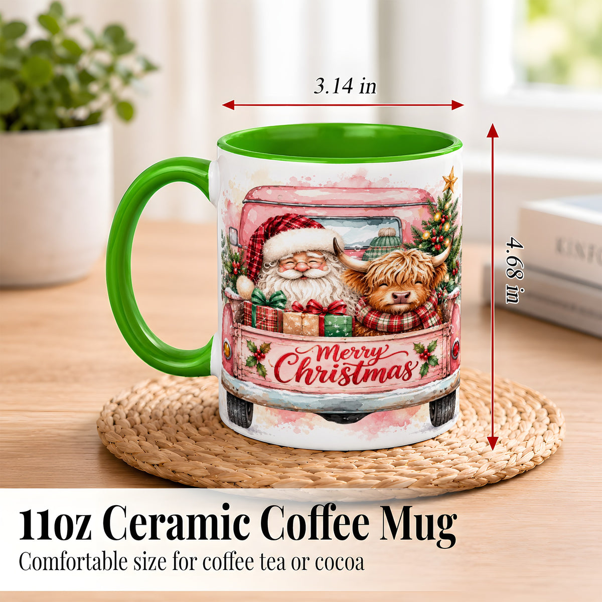#pl[11oz|Green] Christmas Cow Truck Coffee Mug, Santa Holiday Mug, Ceramic Cup