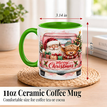 #pl[11oz|Green] Christmas Cow Truck Coffee Mug, Santa Holiday Mug, Ceramic Cup