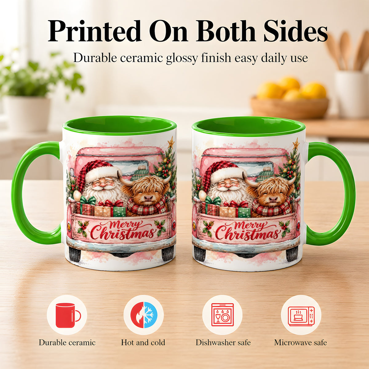 #pl[11oz|Green] Christmas Cow Truck Coffee Mug, Santa Holiday Mug, Ceramic Cup